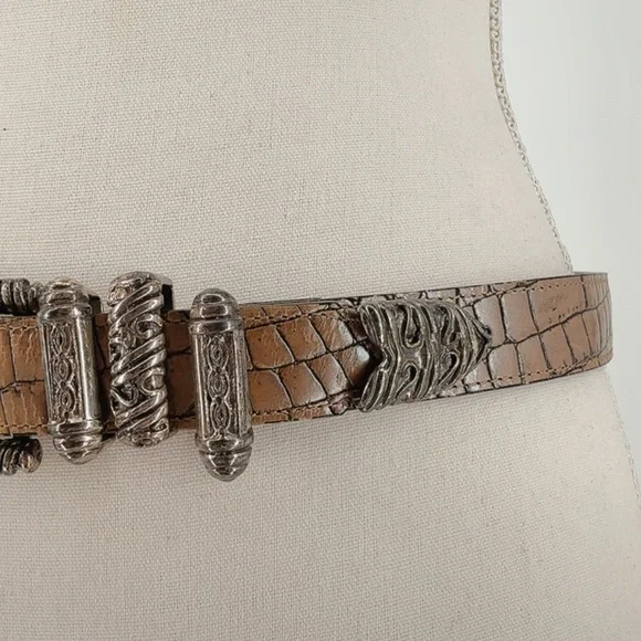 Street Ahead Vintage Croc Embossed Leather Belt Silver Statement Hardware L - Picture 2 of 8